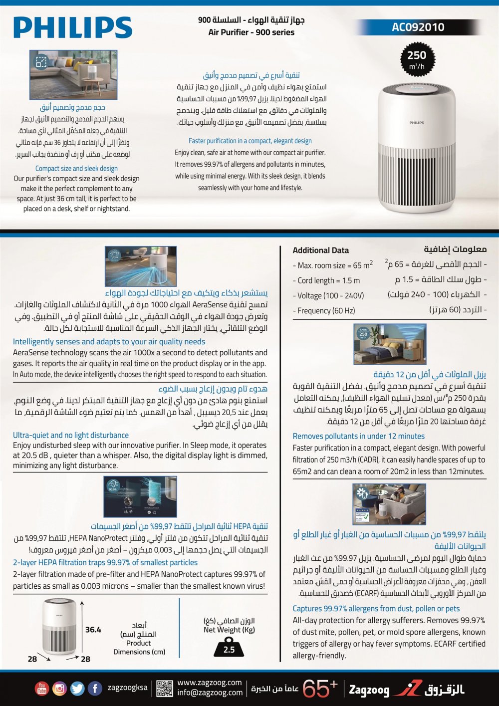 Air Purifier (250)m3/h, Captures 99.97% allergens