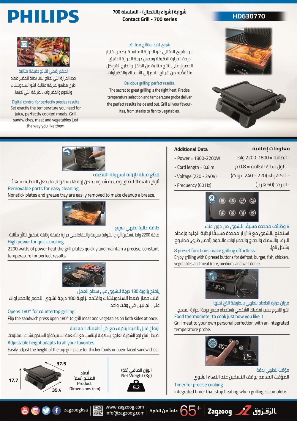 Grill (1800-2200)W, (8) Functions, Food Thermometer